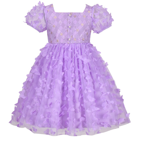 Girls Dress 3D Butterfly Lace Top Sweet Square Collar Short Sleeve Size 5-10 Years