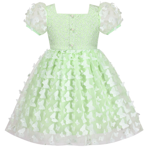 Girls Dress 3D Butterfly Lace Top Sweet Square Collar Short Sleeve Size 5-10 Years