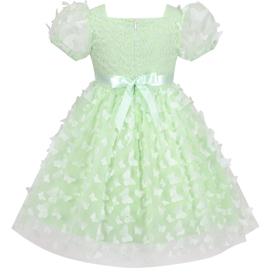 Girls Dress 3D Butterfly Lace Top Sweet Square Collar Short Sleeve Size 5-10 Years