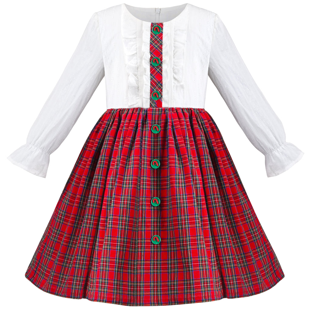 Girls Dress Checkered Lace Ruffle Skirt Long Sleeve Christmas Size 4-12 Years