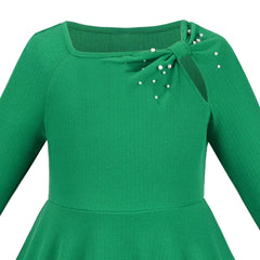 Girls Dress Christmas Stripe Pearl Vintage Party Holiday Long Sleeve Size 6-12 Years