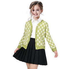 Girls Outfit Set 2 Piece Plaid Knit Cardigan Pleated Skirt Size 6-10 Years