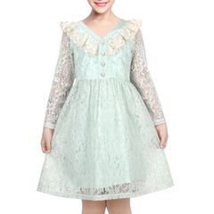 Girls Dress Flower Lace Collar Skirt Dress Size 4-14 Years