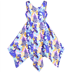 Girls Dress Flower Print Hanky Hem With Necklace Size 6-14 Years