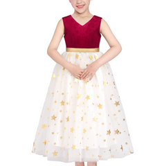 Girls Dress Christmas Vintage V-neck Hollow Back Gold Star Bow Tie Size 6-12 Years