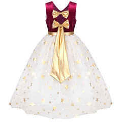 Girls Dress Christmas Vintage V-neck Hollow Back Gold Star Bow Tie Size 6-12 Years
