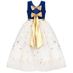 Girls Dress Christmas Vintage V-neck Hollow Back Gold Star Bow Tie Size 6-12 Years