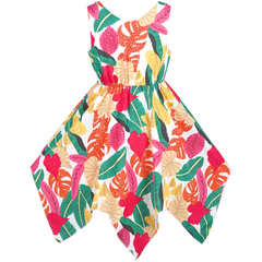 Girls Dress Flower Print Hanky Hem With Necklace Size 6-14 Years