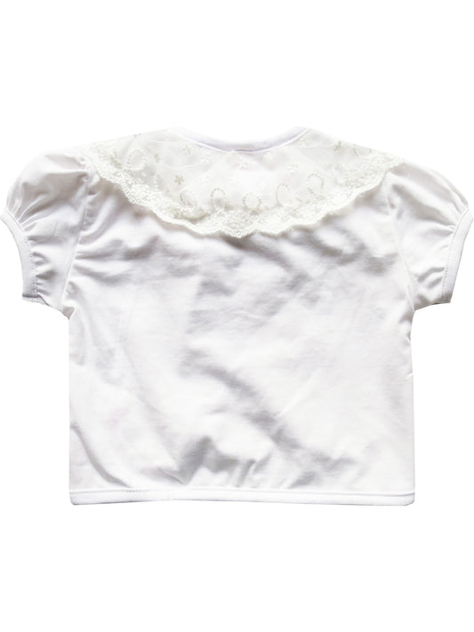 Girls Dress White Top Vest Shrug Lace Flower Pearl Short Sleeve Kids White
