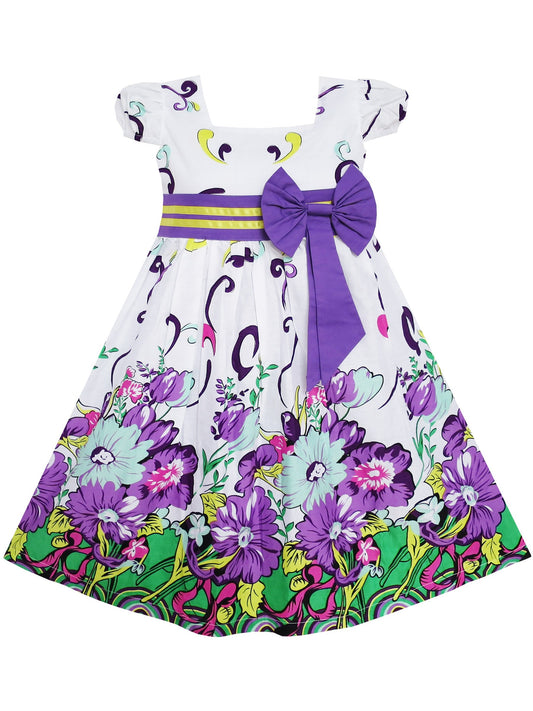 Girls Dress Butterfly Print Bow Tie Princess School Children Clothing Purple