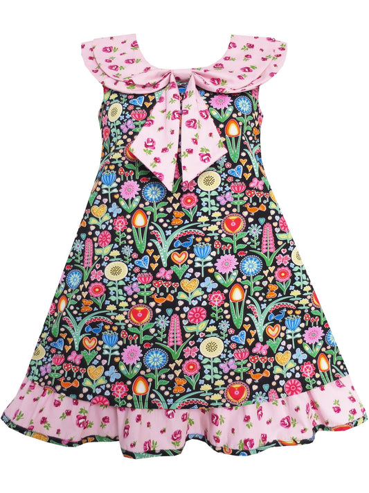 Girls Dress Bow Tie Pink Floral Turn-Down Collar and Trim Pink