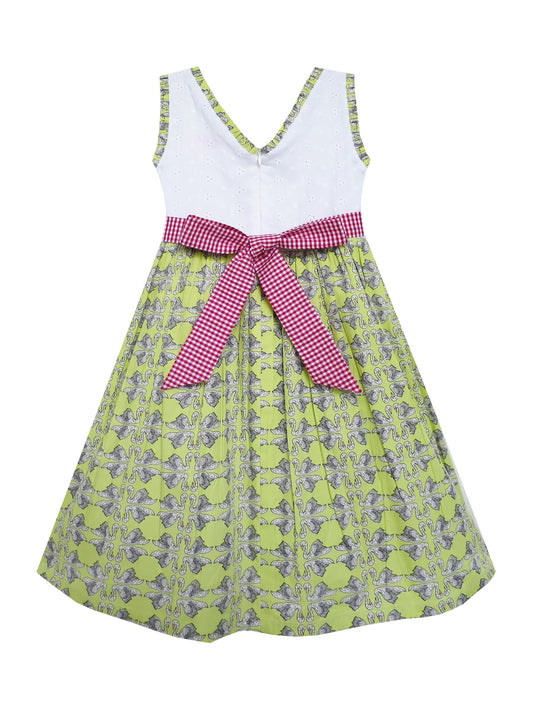 Girls Dress Bow Tie Swan Print Princess Cotton Green Green