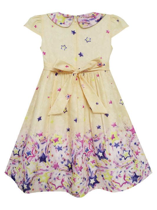 Girls Dress Star Sky Print Turn-down Collar Yellow Beige
