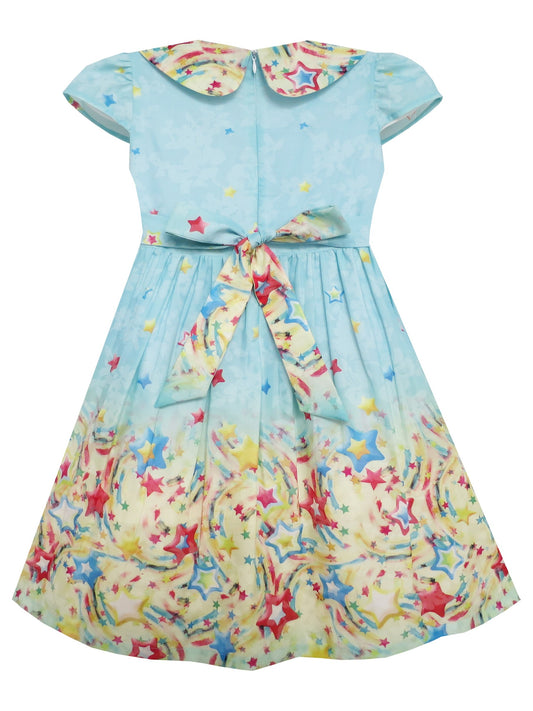 Girls Dress Star Sky Print Turn-down Collar Short Sleeve Blue Blue
