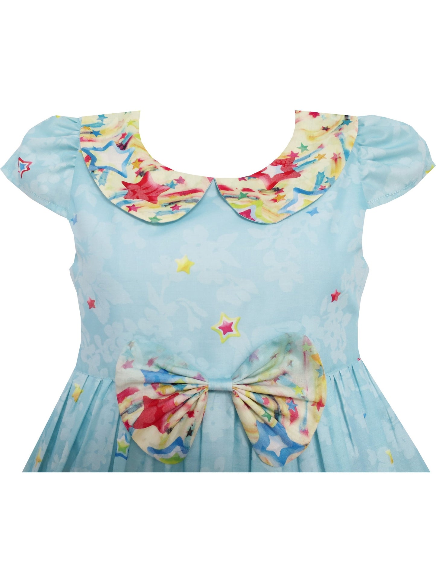 Girls Dress Star Sky Print Turn-down Collar Short Sleeve Blue Blue