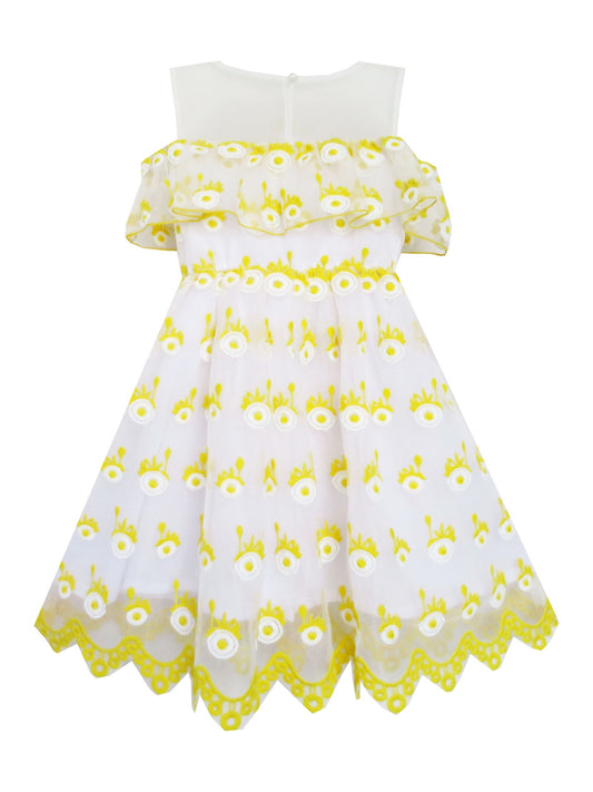 Girls Dress Sleeveless Lace Trim with Flower Detailing Yellow Yellow