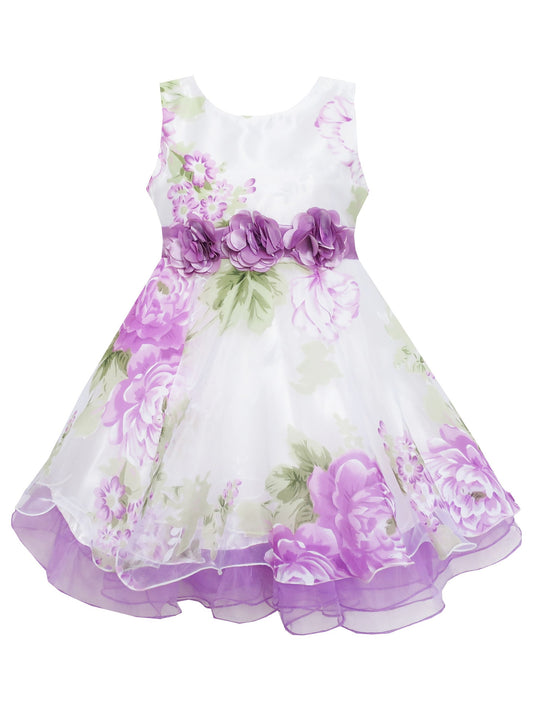Girls Dress Purple Flower Bow Tie Wedding Party Children Clothes Size Purple