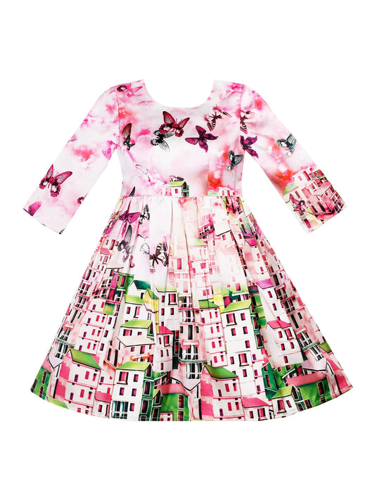 Girls Dress Satin Silk Butterfly City Building View Pink Pink