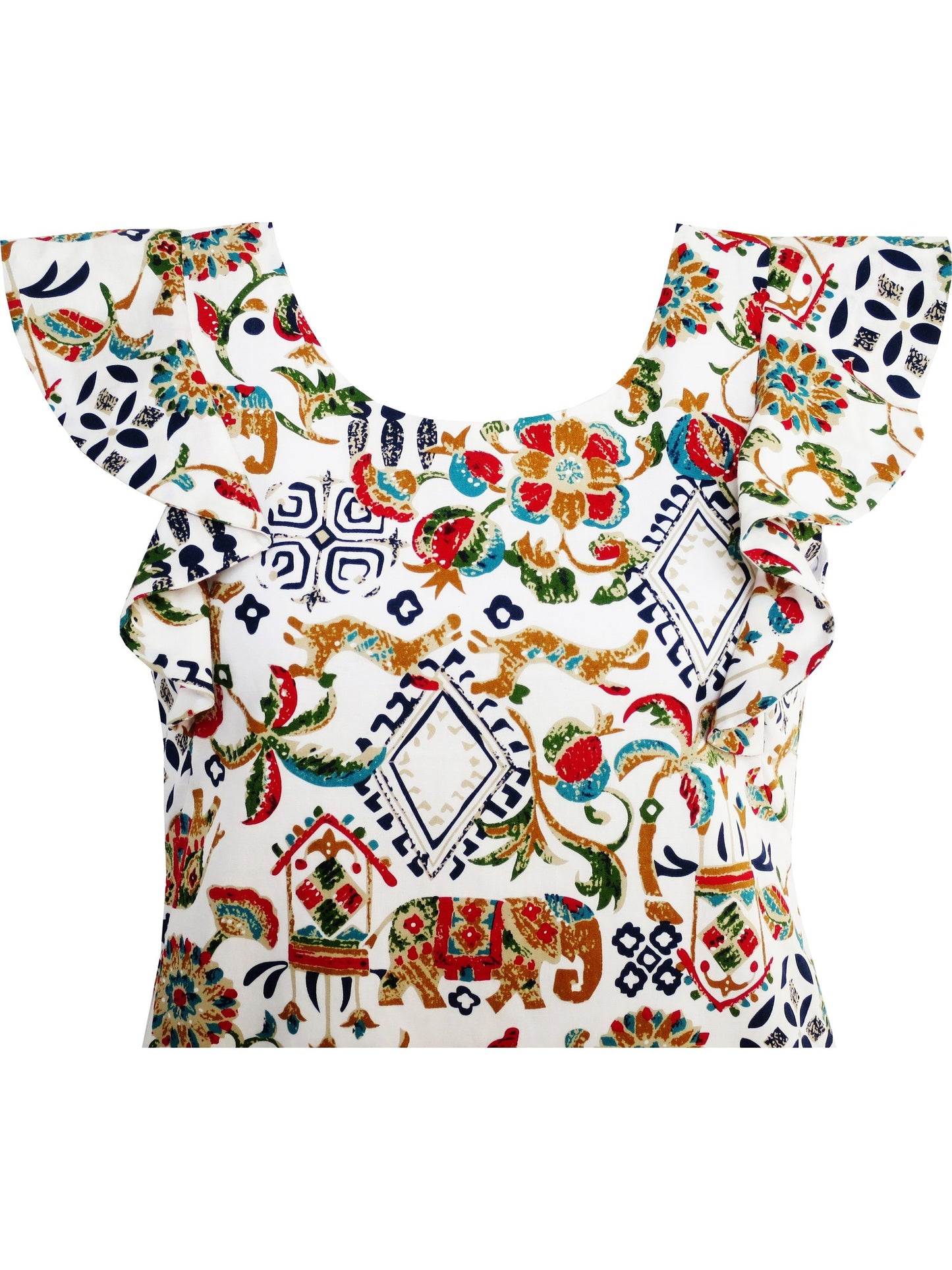 Girls Dress Traditional Hand Drawing Print Elephant Tree Multi-Color