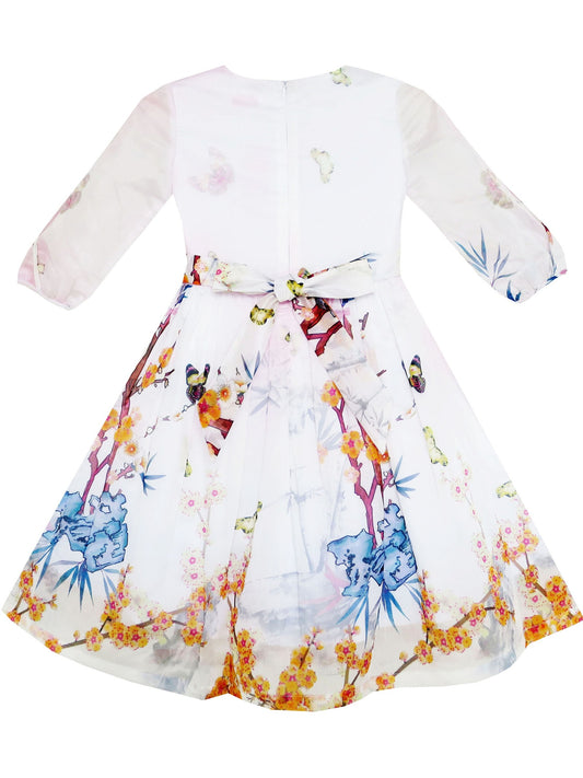 Girls Dress Butterfly Elegant Chinese Plum Flower Bamboo Pink Pink