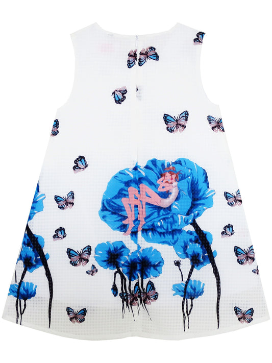 Girls Dress Cherry Flower Green Leaves Print Striped Blue