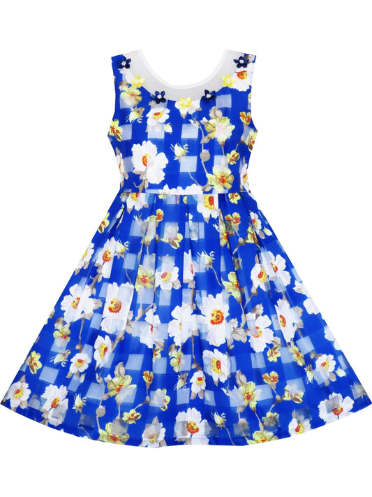 Girls Dress Purple Flower Lace Trim Bow Tie Sleeveless Blue