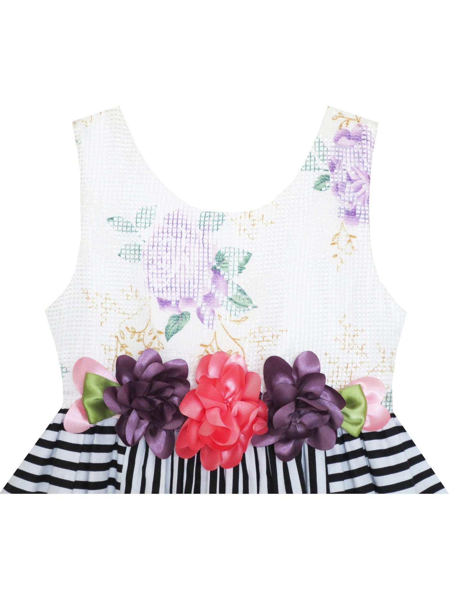 Girls Dress Sleeveless Stripes Floral Printed Flower Waist Multi-Color