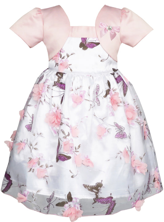 2-in-1 Flower Girls Dress Dimensional Butterfly Pageant Party Pink