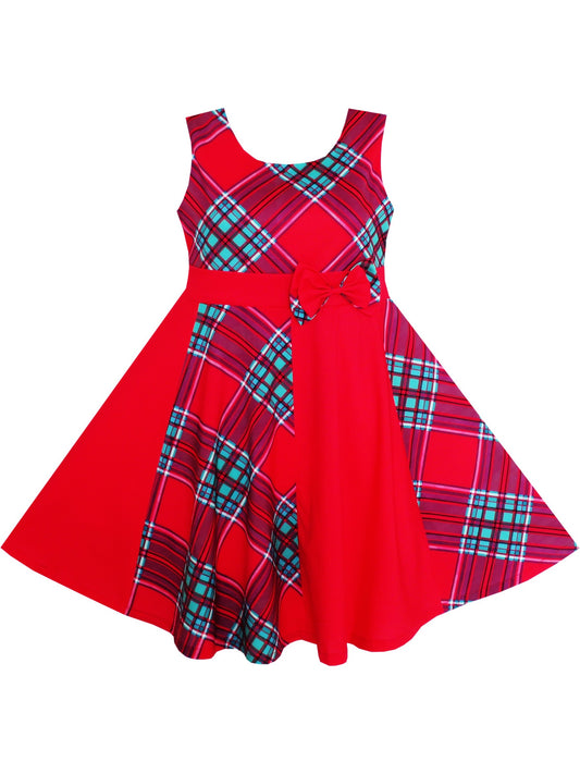 Girls Red Checkered Contrast Dress Party Sundress Red