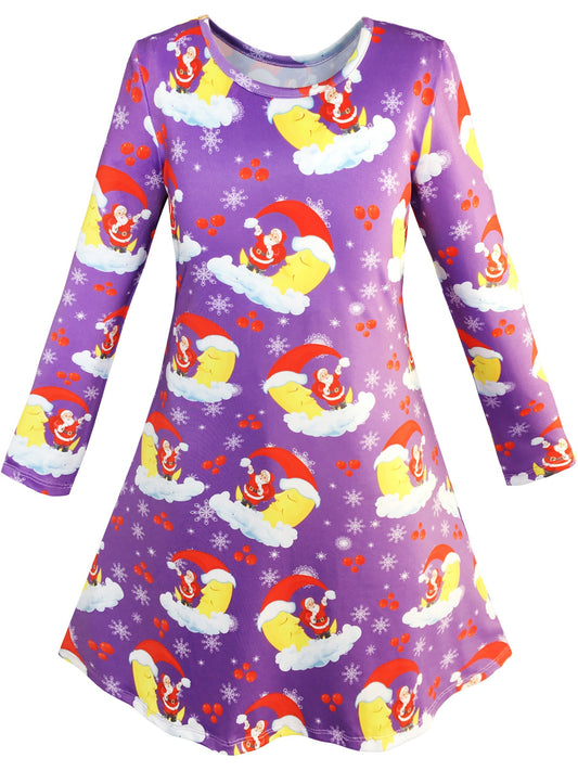 Girls Dress Christmas Santa Xmas Tree Jingle Bell Purple