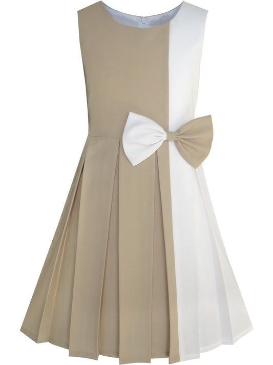 Girls Dress Color Block Contrast Bow Tie Everyday Party Beige