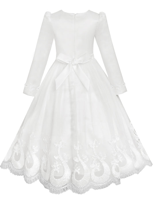 Flower Girls Dress Lace Hem Long Sleeve Wedding First Communion White