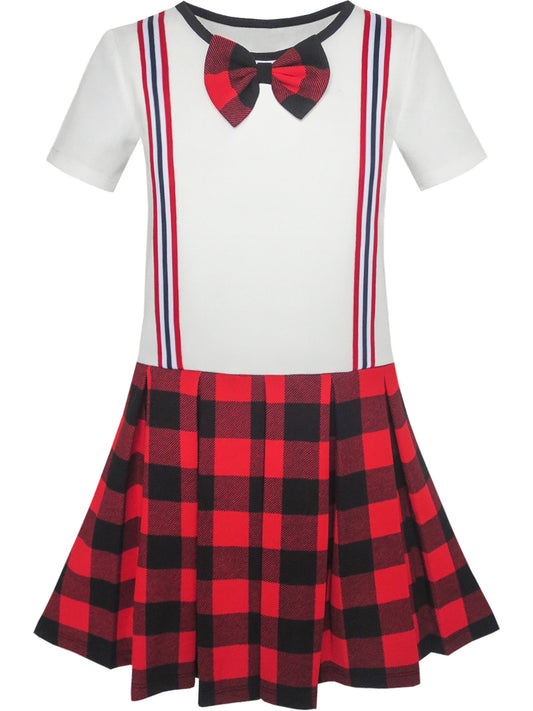 Girls Dress School Uniform Red White Check Suspender Skirt Red