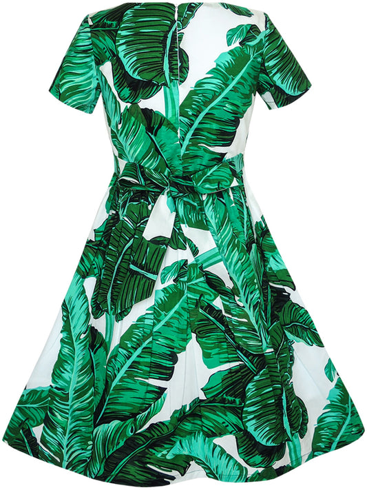 Girls Dress Green Leaf Print Pineapple Dragonfly Sundress Green