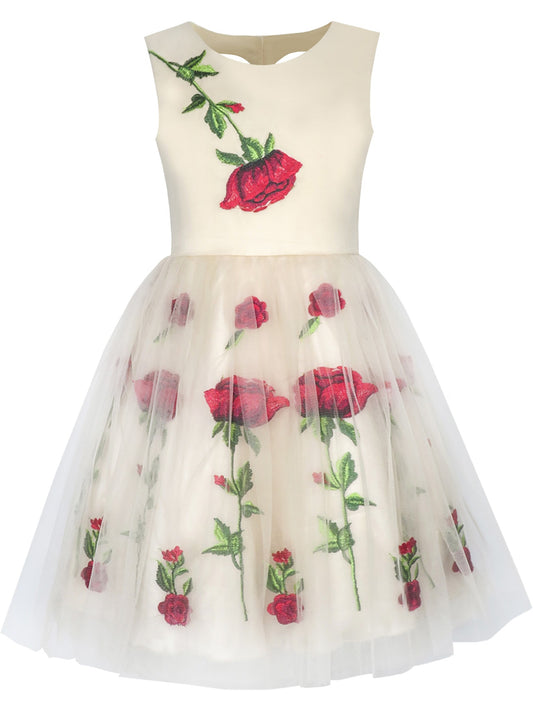 Girls Dress Champagne Rose Flower Embroidery Heart Shape Back Beige