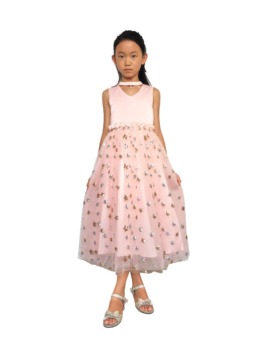 Flower Girls Dress Sparkling Sequins Star Pearl Wedding Party Pink