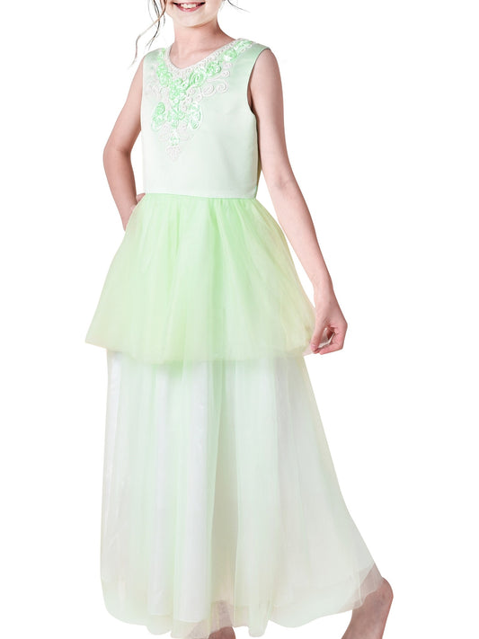 Girls Champagne Dress Sleeveless Floral Lace Calf Length Party Formal Dress Green