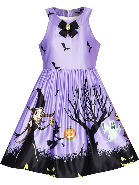 Girls Dress Halloween Witch Bat Pumpkin Costume Purple Dress Purple
