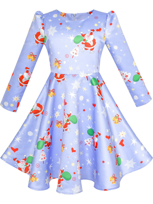 Girls Dress 3/4 Sleeve Christmas Santa Jingle Bell Snow Blue