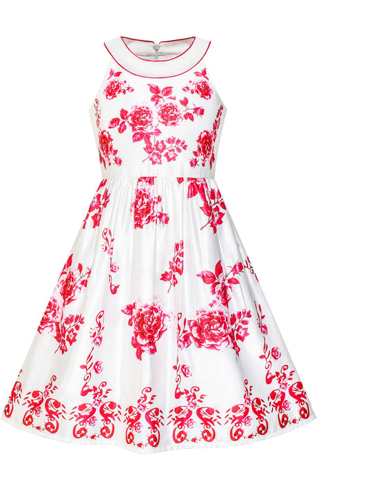 Girls Dress Yellow Rose Print Pleated Hem Wedding Pageant Party Wedding Red