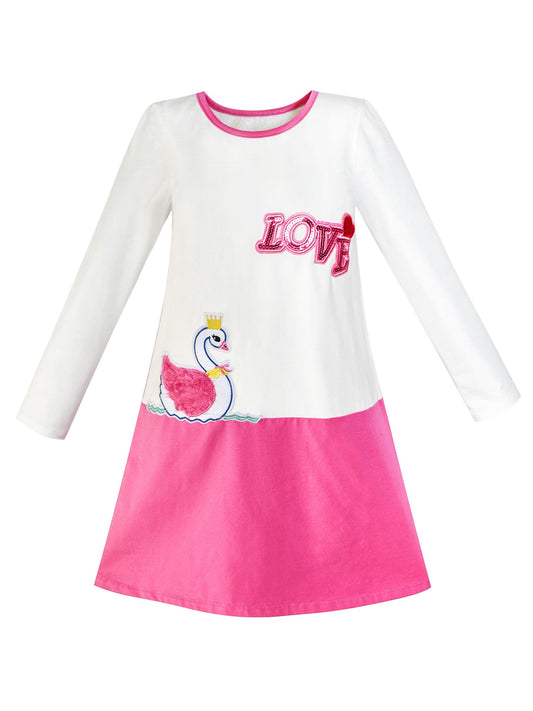 Girls Dress Long Sleeve Cotton Cartoon Sequins Pink Striped Dress White