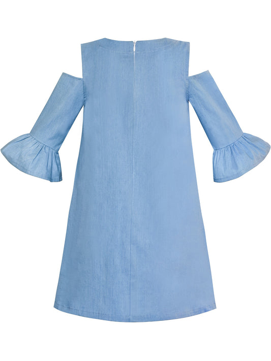 Girls Cold Shoulder Dress Denim Blue Cowboy 3/4 Sleeve Blue