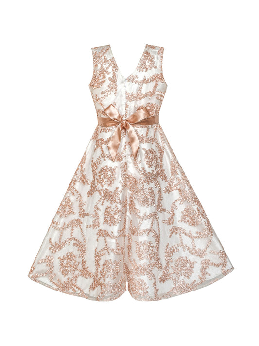 Girls Dress V neckline Embroidered Floral Champagne Beige