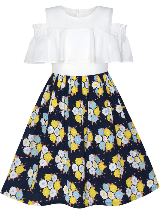 Girls Dress Chiffon Tulip Flower Ruffle Cold shoulder White Pink Blue