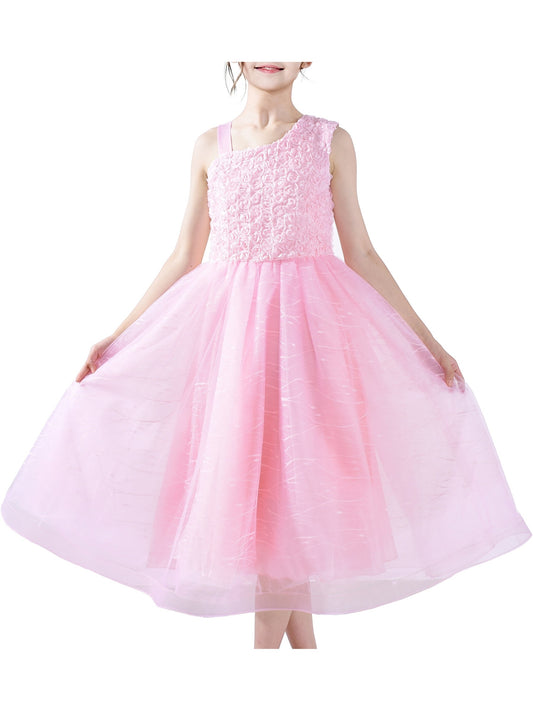Girls Dress One Shoulder Rose Flower Dancing Ball Gown Pink