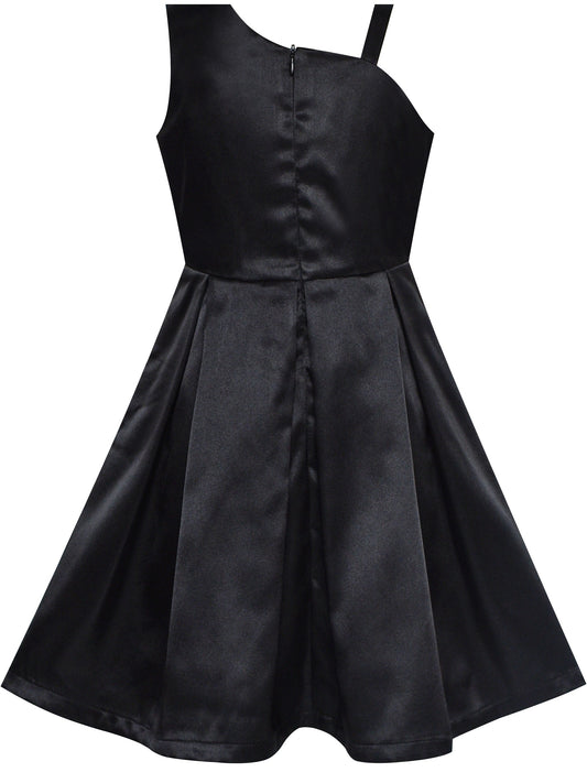 Girls Dress Black Satin One-Shoulder Crown Gloves Party Costume Black
