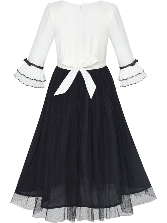 Girls Dress Chiffon Elbow-length Sleeve Black White Black