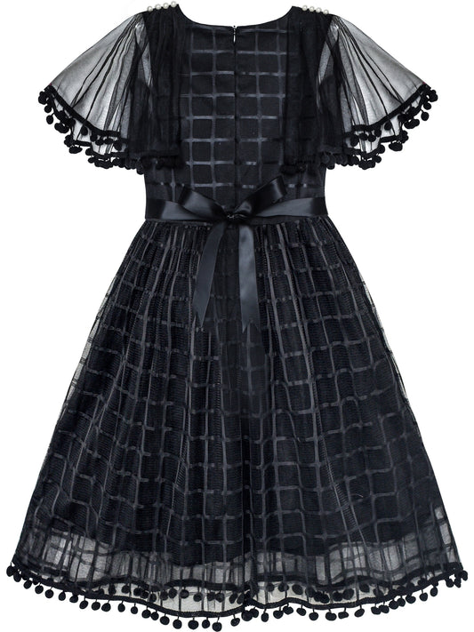 Girls Dress Black Tulle Cape Sleeve Plaid Tartan Party Black