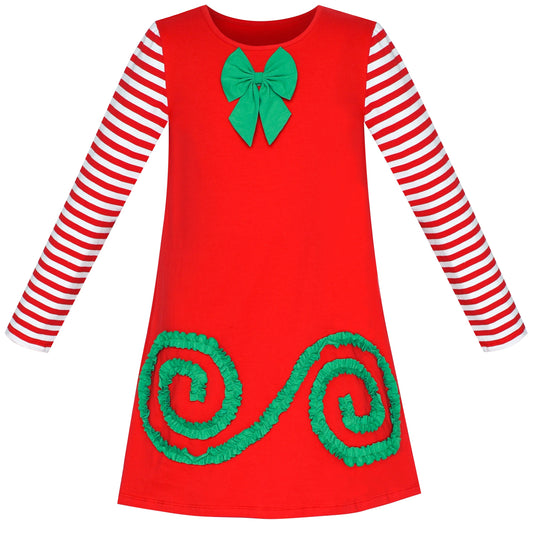 Girls Dress Easter Bunny Rainbow Cotton Embroidery Casual Long Sleeve Red