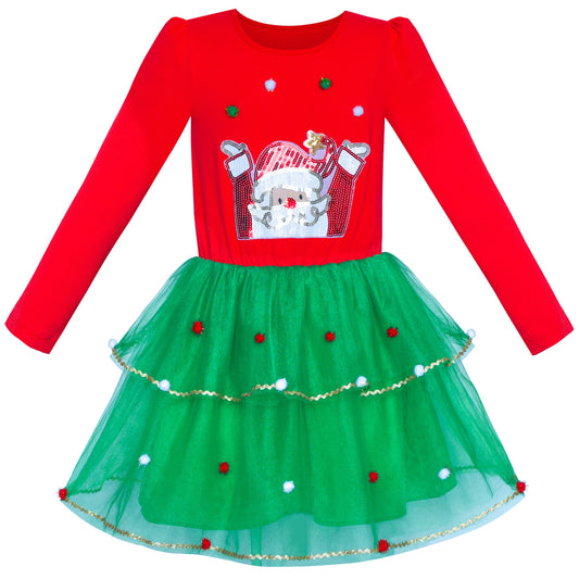 Girls Dress Christmas Reindeer Long Sleeve Party Dress Red